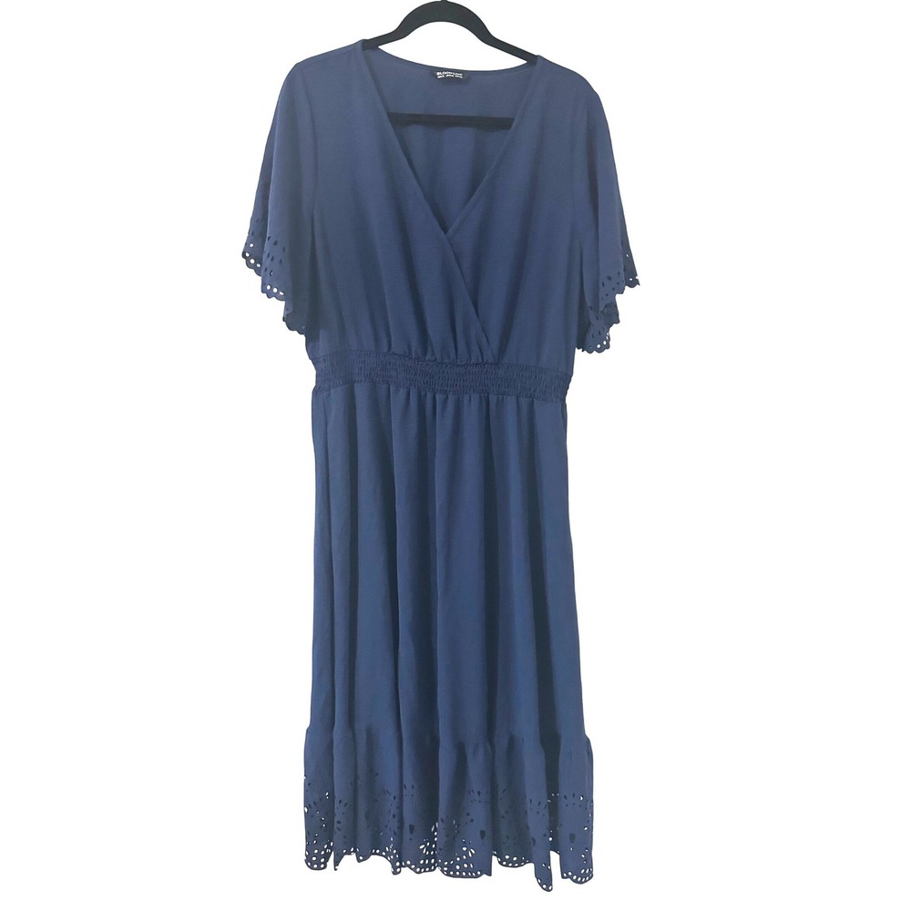 Bloomchic Navy Blue Eyelet Laser Cut Smocked Waist Midi Dress Plus Size 14-16